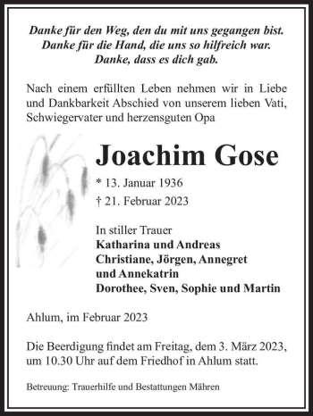 Traueranzeige von Joachim Gose  von Magdeburger Volksstimme