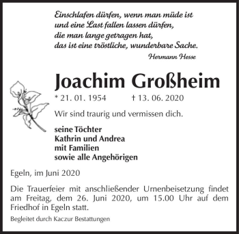 Traueranzeige von Joachim Großheim  von Magdeburger Volksstimme