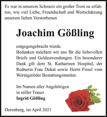 Traueranzeige von Joachim Gößling  von Magdeburger Volksstimme
