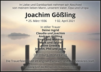 Traueranzeige von Joachim Gößling  von Magdeburger Volksstimme