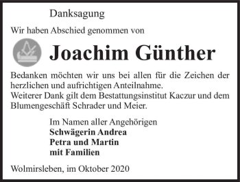 Traueranzeige von Joachim Günther  von Magdeburger Volksstimme