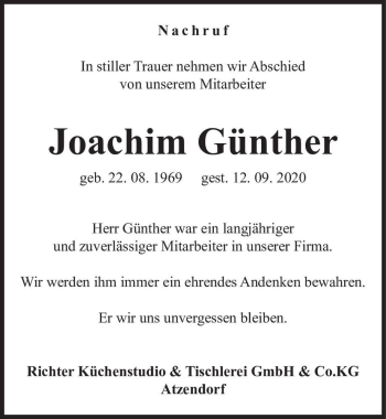 Traueranzeige von Joachim Günther  von Magdeburger Volksstimme