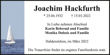 Traueranzeige von Joachim Hackfurth  von Magdeburger Volksstimme