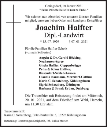 Traueranzeige von Joachim Halfter  von Magdeburger Volksstimme