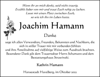 Traueranzeige von Joachim Hamann  von Magdeburger Volksstimme