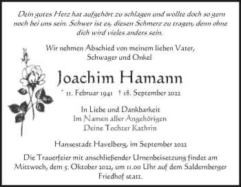 Traueranzeige von Joachim Hamann  von Magdeburger Volksstimme