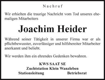 Traueranzeige von Joachim Heider  von Magdeburger Volksstimme