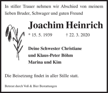 Traueranzeige von Joachim Heinrich  von Magdeburger Volksstimme