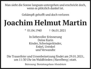 Traueranzeige von Joachim Helmut Martin  von Magdeburger Volksstimme