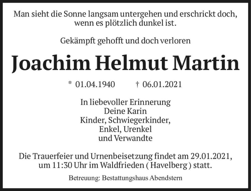  Traueranzeige für Joachim Helmut Martin  vom 23.01.2021 aus Magdeburger Volksstimme