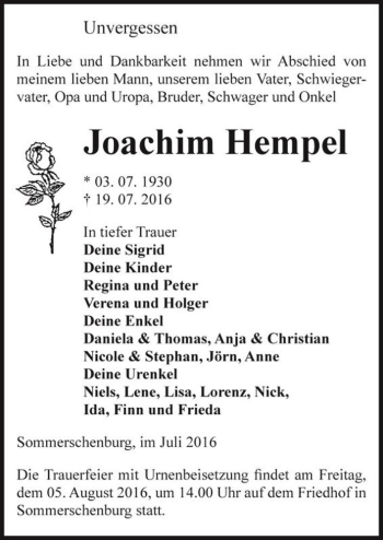 Traueranzeige von Joachim Hempel  von Magdeburger Volksstimme