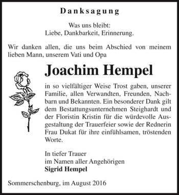 Traueranzeige von Joachim Hempel  von Magdeburger Volksstimme