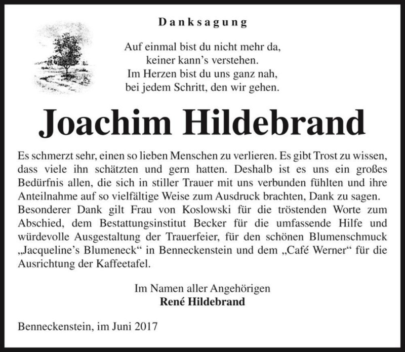  Traueranzeige für Joachim Hildebrand  vom 17.06.2017 aus Magdeburger Volksstimme
