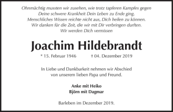 Traueranzeige von Joachim Hildebrand  von Magdeburger Volksstimme