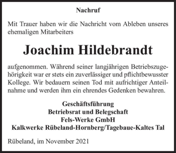 Traueranzeige von Joachim Hildebrandt  von Magdeburger Volksstimme