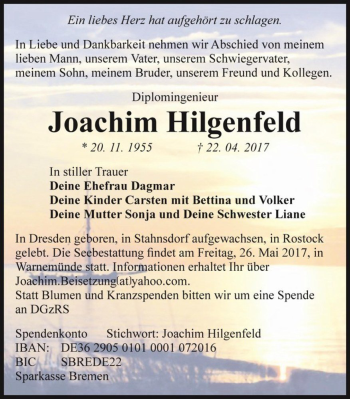 Traueranzeige von Joachim Hilgenfeld  von Magdeburger Volksstimme
