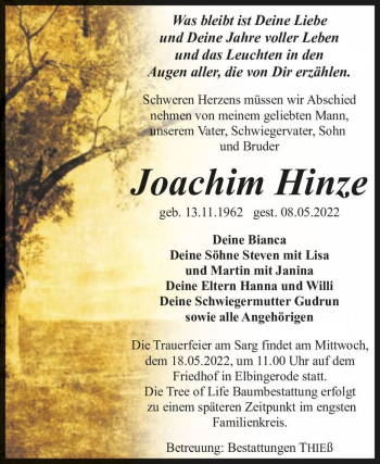 Traueranzeige von Joachim Hinze  von Magdeburger Volksstimme