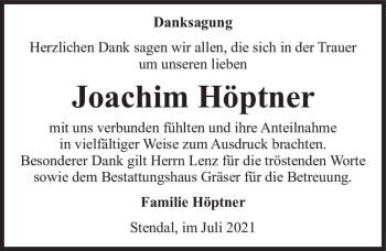 Traueranzeige von Joachim Höptner  von Magdeburger Volksstimme