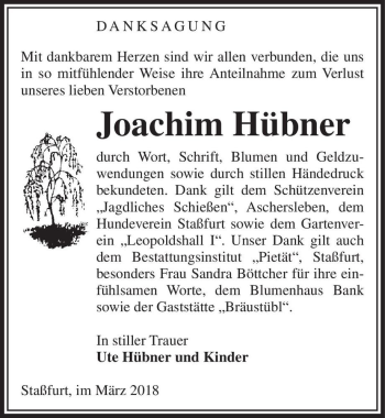Traueranzeige von Joachim Hübner  von Magdeburger Volksstimme