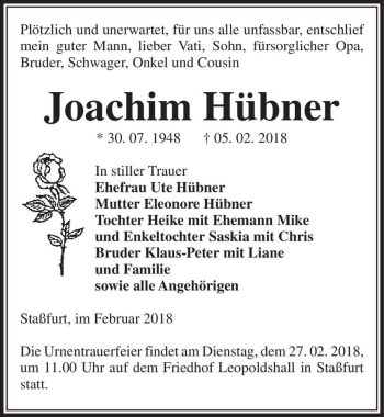 Traueranzeige von Joachim Hübner  von Magdeburger Volksstimme
