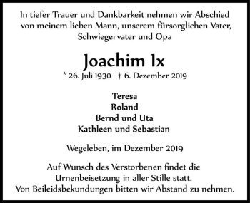 Traueranzeige von Joachim Ix  von Magdeburger Volksstimme