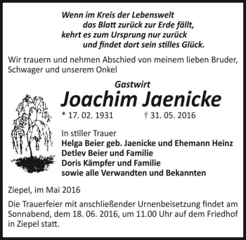 Traueranzeige von Joachim Jaenicke  von Magdeburger Volksstimme