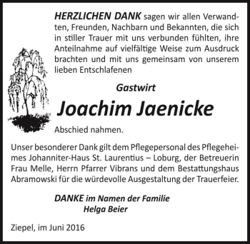 Traueranzeige von Joachim Jaenicke  von Magdeburger Volksstimme