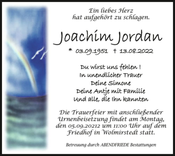 Traueranzeige von Joachim Jordan  von Magdeburger Volksstimme