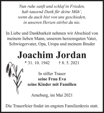 Traueranzeige von Joachim Jordan  von Magdeburger Volksstimme