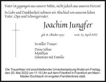 Traueranzeige von Joachim Jungfer  von Magdeburger Volksstimme