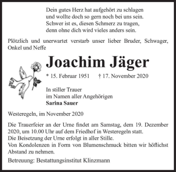 Traueranzeige von Joachim Jäger  von Magdeburger Volksstimme