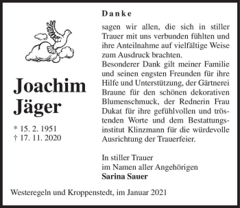 Traueranzeige von Joachim Jäger  von Magdeburger Volksstimme
