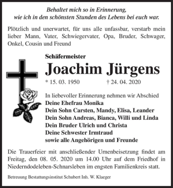 Traueranzeige von Joachim Jürgens  von Magdeburger Volksstimme
