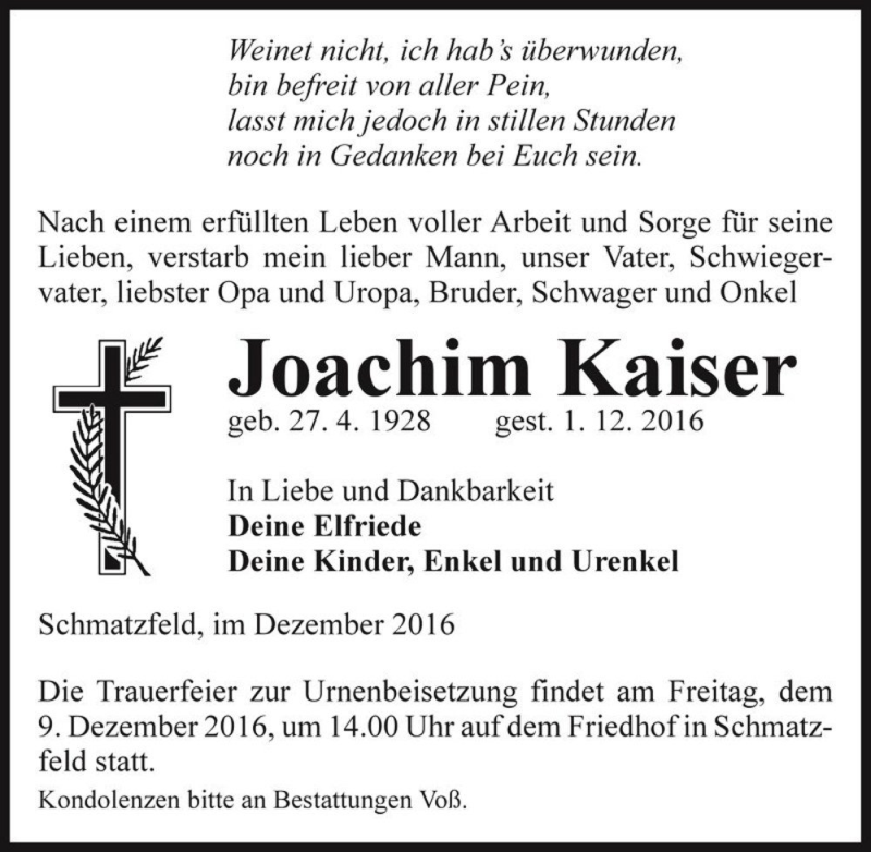  Traueranzeige für Joachim Kaiser  vom 06.12.2016 aus Magdeburger Volksstimme