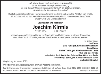 Traueranzeige von Joachim Kirmis  von Magdeburger Volksstimme