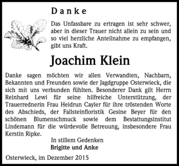 Traueranzeige von Joachim Klein  von Magdeburger Volksstimme