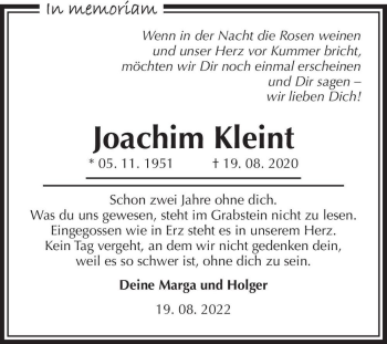 Traueranzeige von Joachim Kleint  von Magdeburger Volksstimme