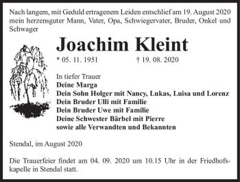 Traueranzeige von Joachim Kleint  von Magdeburger Volksstimme