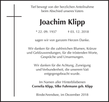 Traueranzeige von Joachim Klipp  von Magdeburger Volksstimme