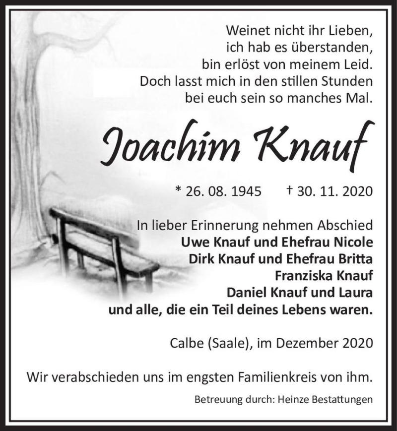  Traueranzeige für Joachim Knauf  vom 05.12.2020 aus Magdeburger Volksstimme