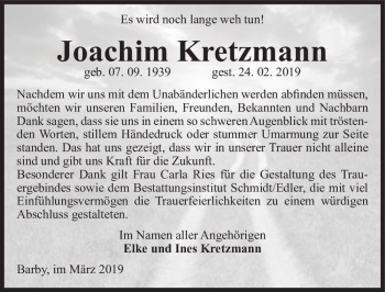 Traueranzeige von Joachim Kretzmann  von Magdeburger Volksstimme