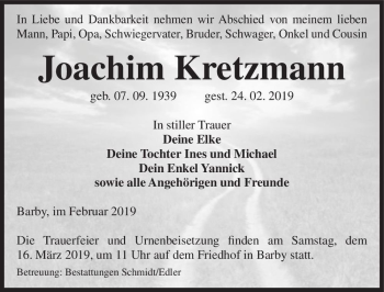 Traueranzeige von Joachim Kretzmann  von Magdeburger Volksstimme