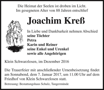 Traueranzeige von Joachim Kreß  von Magdeburger Volksstimme