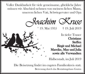Traueranzeige von Joachim Kruse  von Magdeburger Volksstimme
