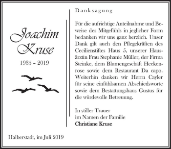 Traueranzeige von Joachim Kruse  von Magdeburger Volksstimme