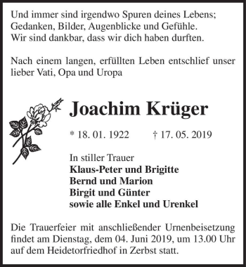 Traueranzeige von Joachim Krüger  von Magdeburger Volksstimme