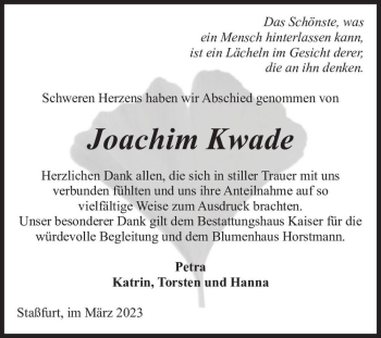 Traueranzeige von Joachim Kwade  von Magdeburger Volksstimme