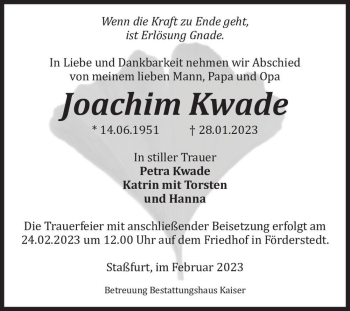 Traueranzeige von Joachim Kwade  von Magdeburger Volksstimme