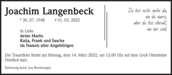 Traueranzeige von Joachim Langenbeck  von Magdeburger Volksstimme