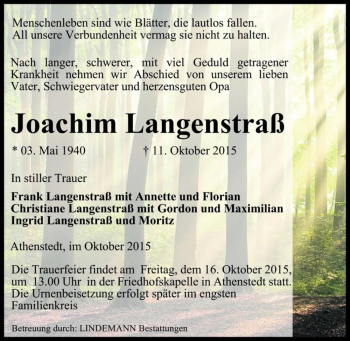 Traueranzeige von Joachim Langenstraß  von Magdeburger Volksstimme
